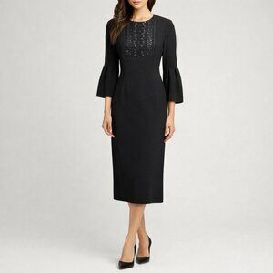 Sachin & Babi Black Embellished Midi Cocktail Dress Bell Sleeve Sheath Size 2-4